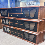 Traditional French Ash Wood TV Stand with Glass Butterfly Accents, Rounded Rectangular Console with 2 Drawers for Living Room