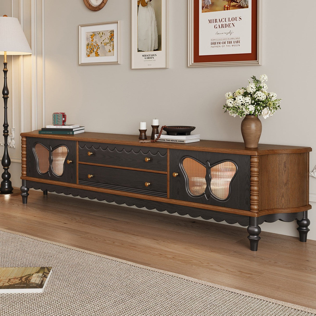 Traditional French Ash Wood TV Stand with Glass Butterfly Accents, Rounded Rectangular Console with 2 Drawers for Living Room