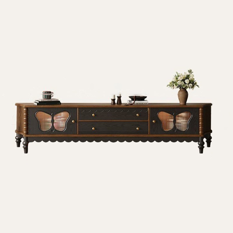 Traditional French Ash Wood TV Stand with Glass Butterfly Accents, Rounded Rectangular Console with 2 Drawers for Living Room