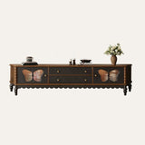 Traditional French Ash Wood TV Stand with Glass Butterfly Accents, Rounded Rectangular Console with 2 Drawers for Living Room
