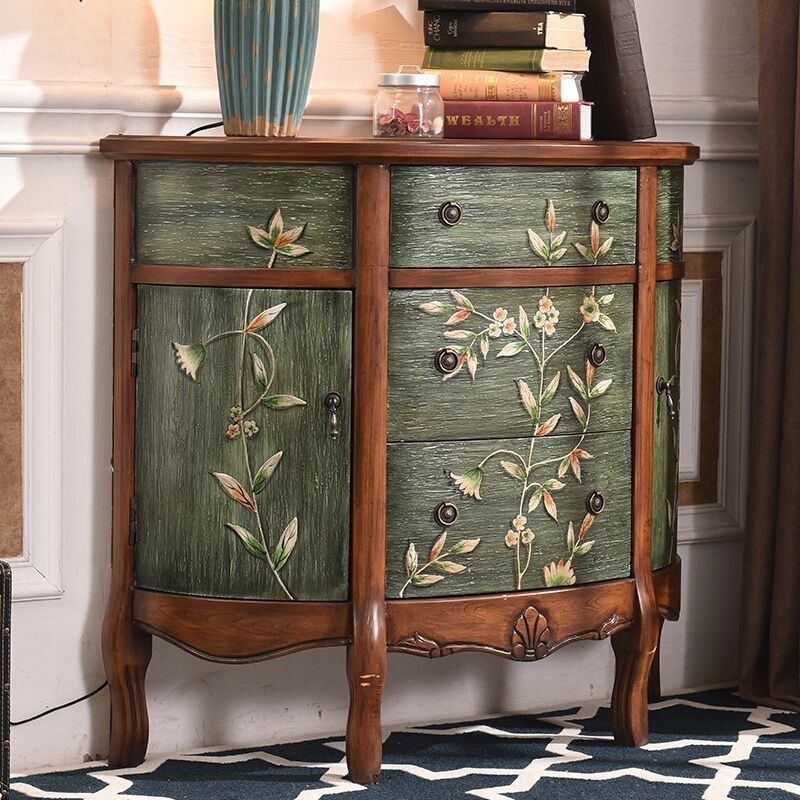 Elegant Traditional European Hand-Painted Solid Wood Mediterranean Half-Moon Console Table with 3-Drawer Hallway Storage Cabinet
