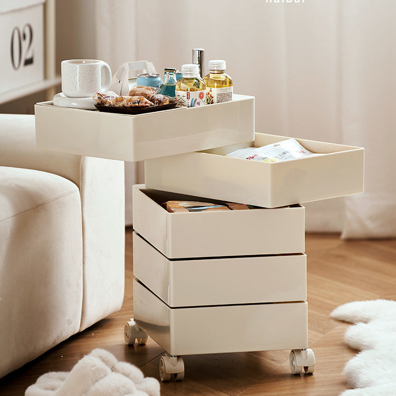Contemporary Nordic Square ABS End Table with Rotating Drawer, 5-Tier Storage on Casters – Ideal Bedroom Accent