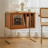 Traditional Japanese Rectangular End Table in Solid Wood and Stainless Steel with Storage Cabinet for Living Room