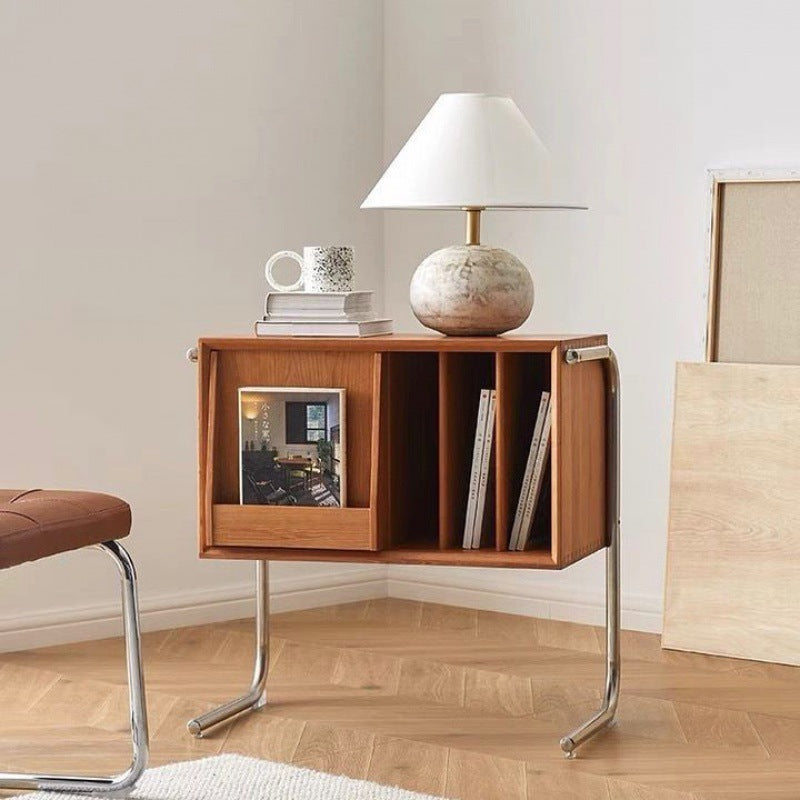 Traditional Japanese Rectangular End Table in Solid Wood and Stainless Steel with Storage Cabinet for Living Room