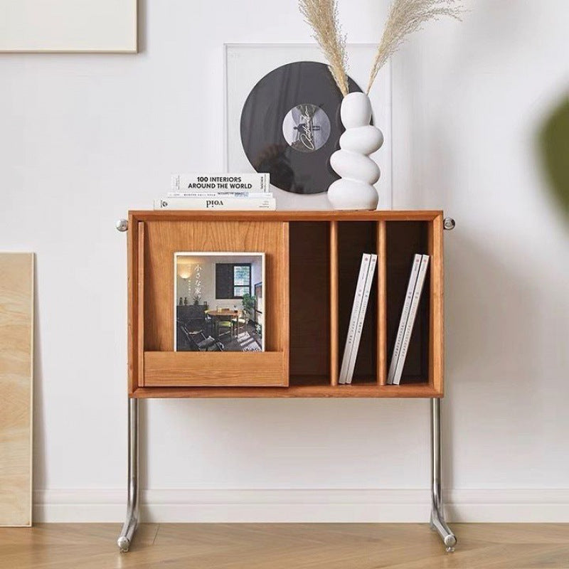 Traditional Japanese Rectangular End Table in Solid Wood and Stainless Steel with Storage Cabinet for Living Room