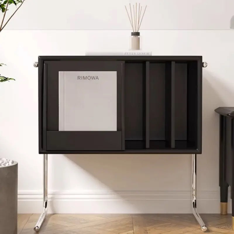 Traditional Japanese Rectangular End Table in Solid Wood and Stainless Steel with Storage Cabinet for Living Room