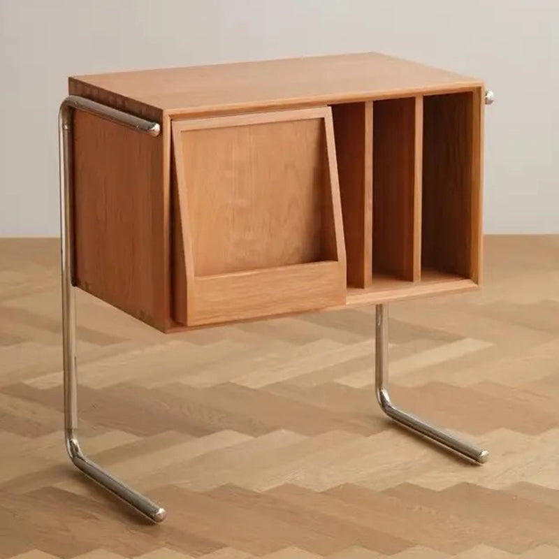 Traditional Japanese Rectangular End Table in Solid Wood and Stainless Steel with Storage Cabinet for Living Room