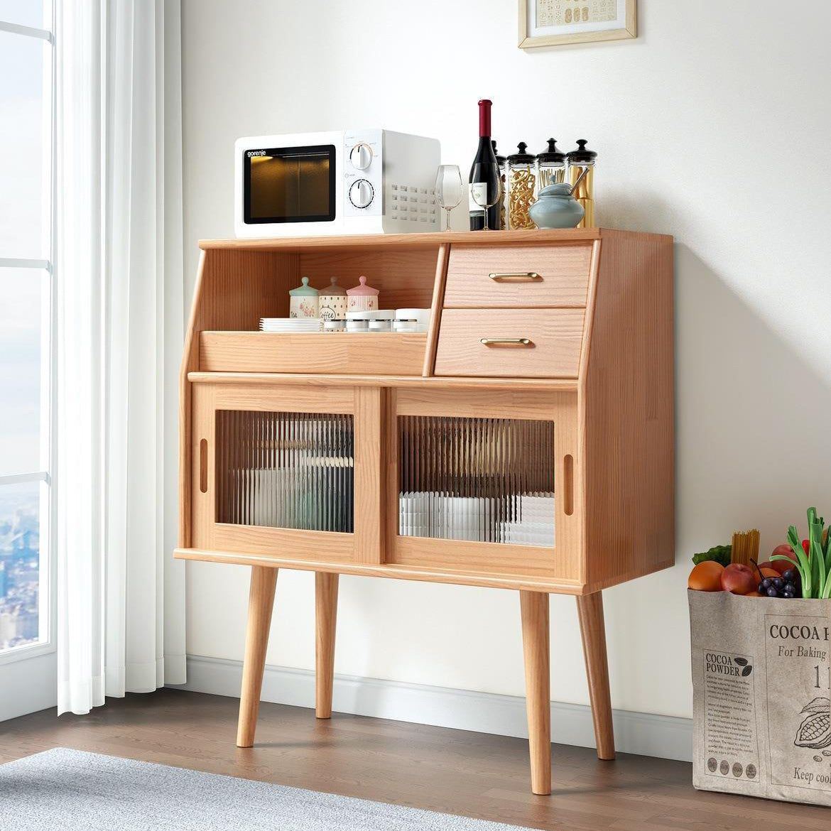 Traditional Japanese Rectangular Solid Wood Sideboard with 2 Drawers for Dining Room Storage
