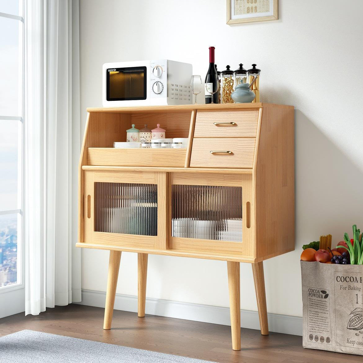 Traditional Japanese Rectangular Solid Wood Sideboard with 2 Drawers for Dining Room Storage