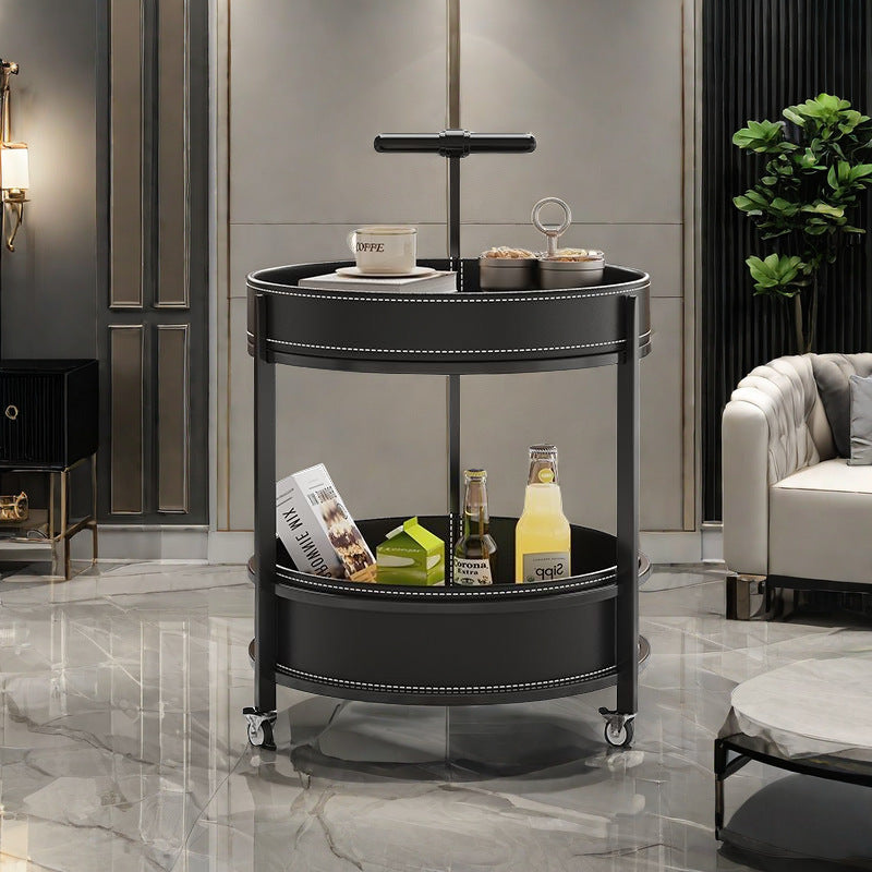 Luxurious Contemporary Saddle Leather Round-Top End Table with Iron Frame and Rolling Cart – 2-Tier Storage Shelves for Living Room
