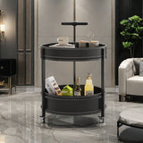 Luxurious Contemporary Saddle Leather Round-Top End Table with Iron Frame and Rolling Cart – 2-Tier Storage Shelves for Living Room
