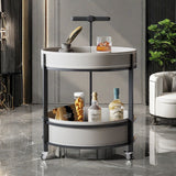 Luxurious Contemporary Saddle Leather Round-Top End Table with Iron Frame and Rolling Cart – 2-Tier Storage Shelves for Living Room