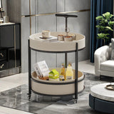 Luxurious Contemporary Saddle Leather Round-Top End Table with Iron Frame and Rolling Cart – 2-Tier Storage Shelves for Living Room