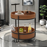 Luxurious Contemporary Saddle Leather Round-Top End Table with Iron Frame and Rolling Cart – 2-Tier Storage Shelves for Living Room