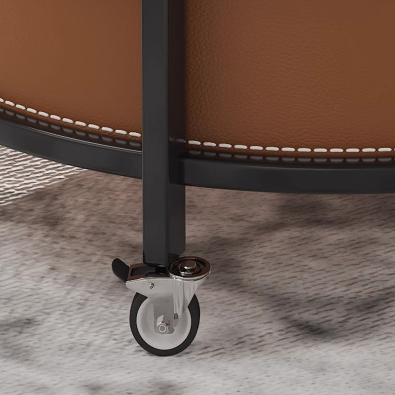 Luxurious Contemporary Saddle Leather Round-Top End Table with Iron Frame and Rolling Cart – 2-Tier Storage Shelves for Living Room