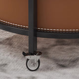 Luxurious Contemporary Saddle Leather Round-Top End Table with Iron Frame and Rolling Cart – 2-Tier Storage Shelves for Living Room