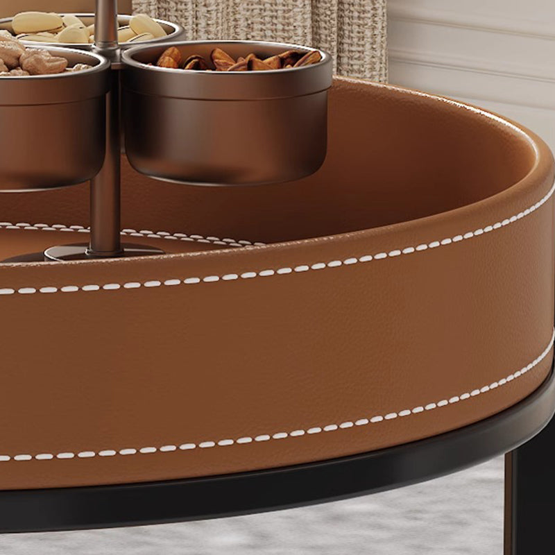 Luxurious Contemporary Saddle Leather Round-Top End Table with Iron Frame and Rolling Cart – 2-Tier Storage Shelves for Living Room