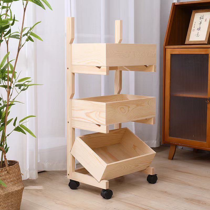 Traditional Farmhouse Wooden Floor-Standing 3-4 Tier Storage Shelves with Wheels – Snack Display Rack for Living Room