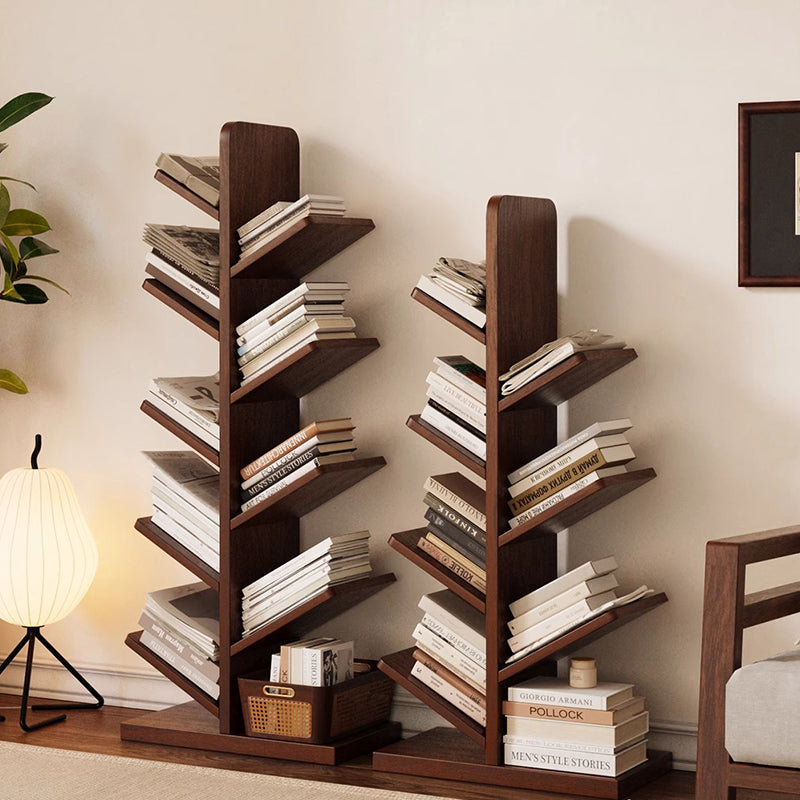 Tree-Shaped Solid Wood Bookshelves – Contemporary Retro Design, 5/8/10-Tier Floor-Standing Shelves for Home Office