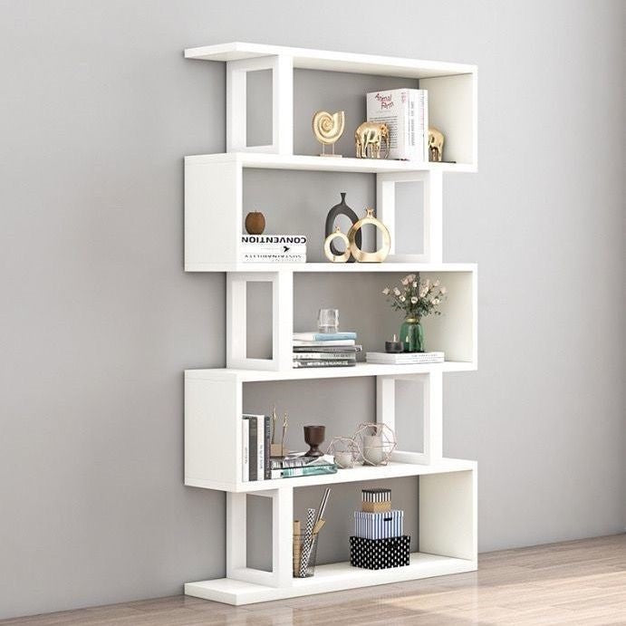 Sleek Contemporary Scandinavian Geometric Vertical Bookshelves in MDF & Steel, 3/4/5/6-Tier Open-Back Standing Shelves for Home Office