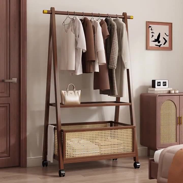 Chic Contemporary Retro Trapezoid Bamboo Hall Tree with Wheels, Rattan Laundry Basket and Coat Rack – Multifunctional Entryway Organizer