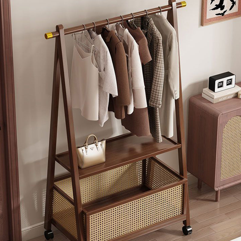 Chic Contemporary Retro Trapezoid Bamboo Hall Tree with Wheels, Rattan Laundry Basket and Coat Rack – Multifunctional Entryway Organizer