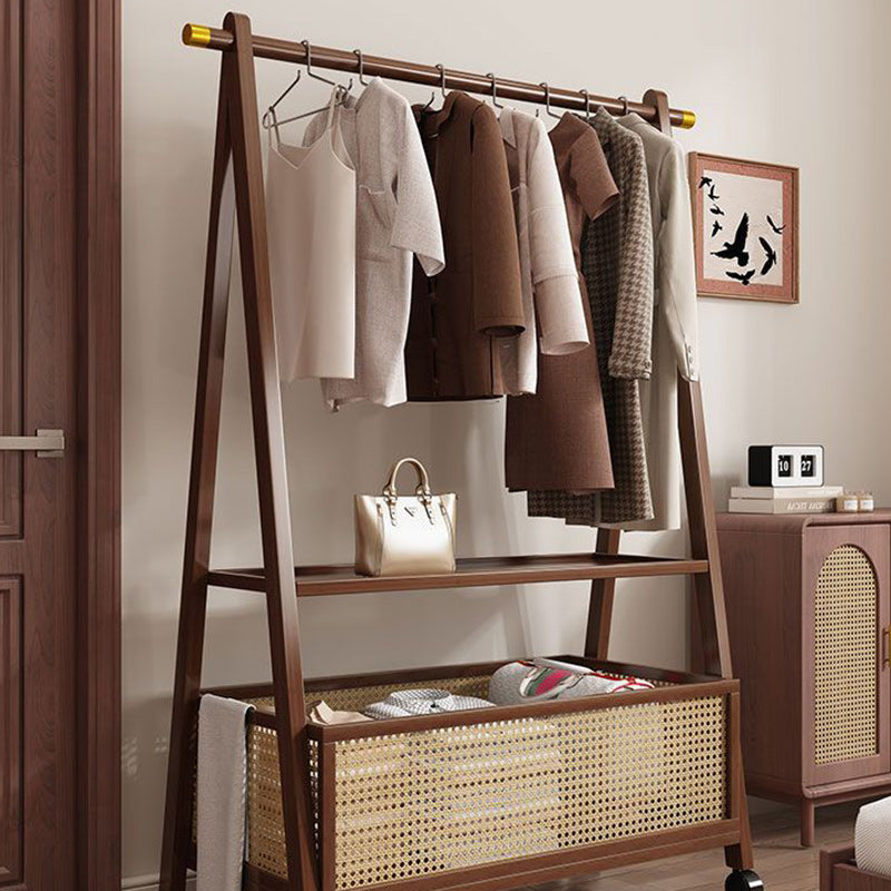 Chic Contemporary Retro Trapezoid Bamboo Hall Tree with Wheels, Rattan Laundry Basket and Coat Rack – Multifunctional Entryway Organizer