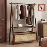 Chic Contemporary Retro Trapezoid Bamboo Hall Tree with Wheels, Rattan Laundry Basket and Coat Rack – Multifunctional Entryway Organizer