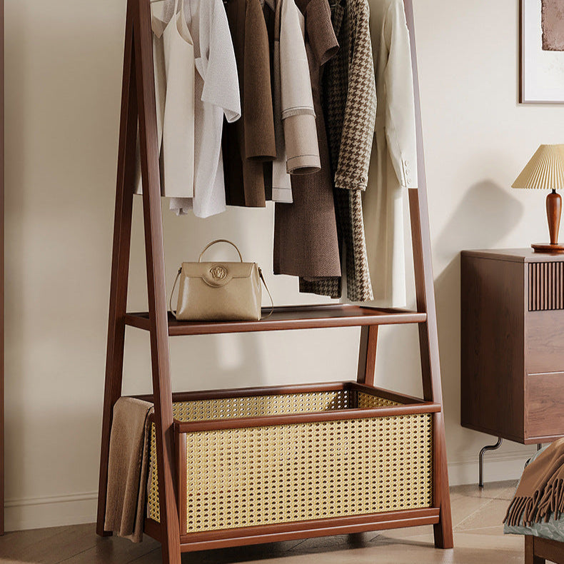 Chic Contemporary Retro Trapezoid Bamboo Hall Tree with Wheels, Rattan Laundry Basket and Coat Rack – Multifunctional Entryway Organizer