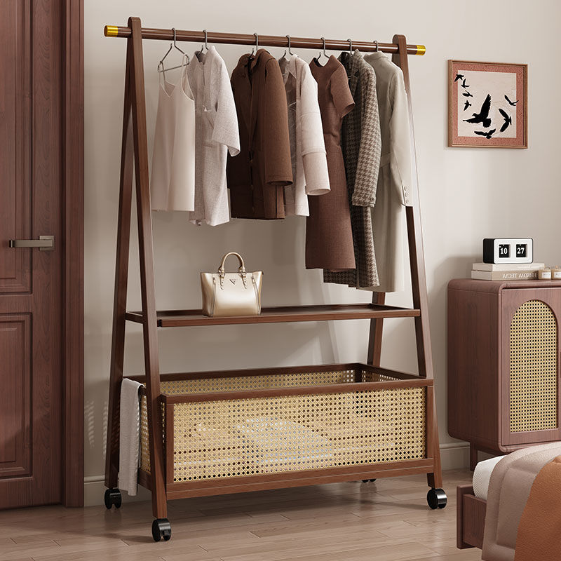 Chic Contemporary Retro Trapezoid Bamboo Hall Tree with Wheels, Rattan Laundry Basket and Coat Rack – Multifunctional Entryway Organizer