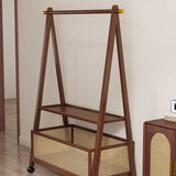 Chic Contemporary Retro Trapezoid Bamboo Hall Tree with Wheels, Rattan Laundry Basket and Coat Rack – Multifunctional Entryway Organizer
