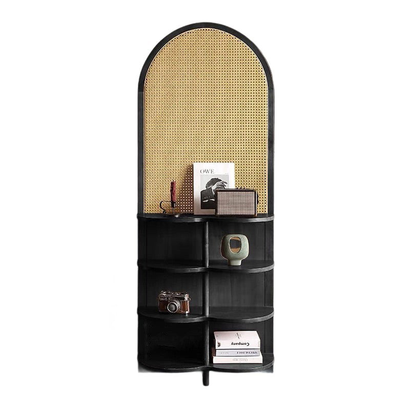 Contemporary Retro Rattan & Solid Wood Movable Corner Shelf – 2- or 4-Tier Storage, Room Divider for Living Room