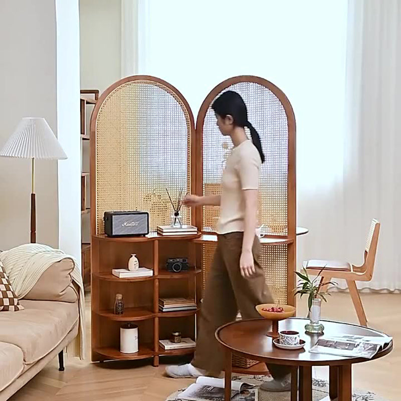 Contemporary Retro Rattan & Solid Wood Movable Corner Shelf – 2- or 4-Tier Storage, Room Divider for Living Room