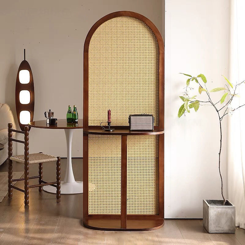 Contemporary Retro Rattan & Solid Wood Movable Corner Shelf – 2- or 4-Tier Storage, Room Divider for Living Room