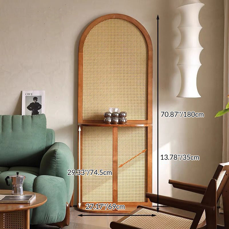 Contemporary Retro Rattan & Solid Wood Movable Corner Shelf – 2- or 4-Tier Storage, Room Divider for Living Room