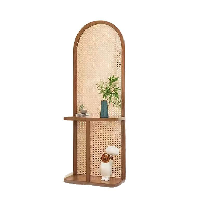 Contemporary Retro Rattan & Solid Wood Movable Corner Shelf – 2- or 4-Tier Storage, Room Divider for Living Room