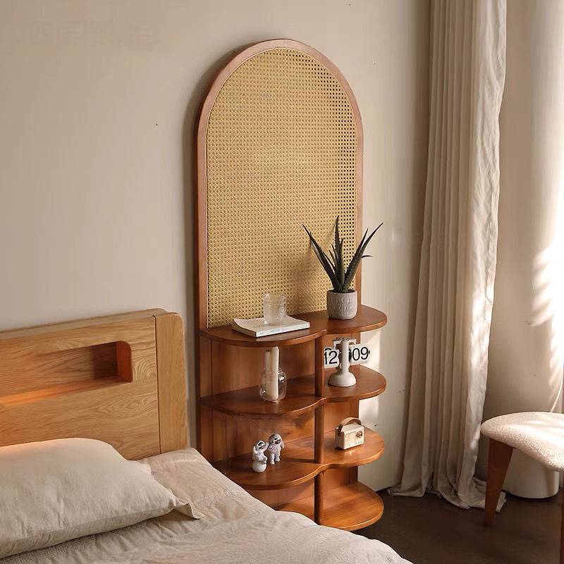 Contemporary Retro Rattan & Solid Wood Movable Corner Shelf – 2- or 4-Tier Storage, Room Divider for Living Room