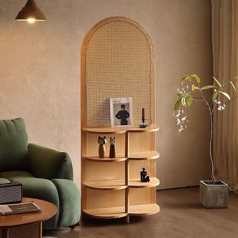 Contemporary Retro Rattan & Solid Wood Movable Corner Shelf – 2- or 4-Tier Storage, Room Divider for Living Room