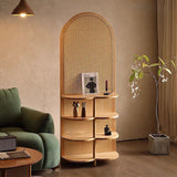 Contemporary Retro Rattan & Solid Wood Movable Corner Shelf – 2- or 4-Tier Storage, Room Divider for Living Room