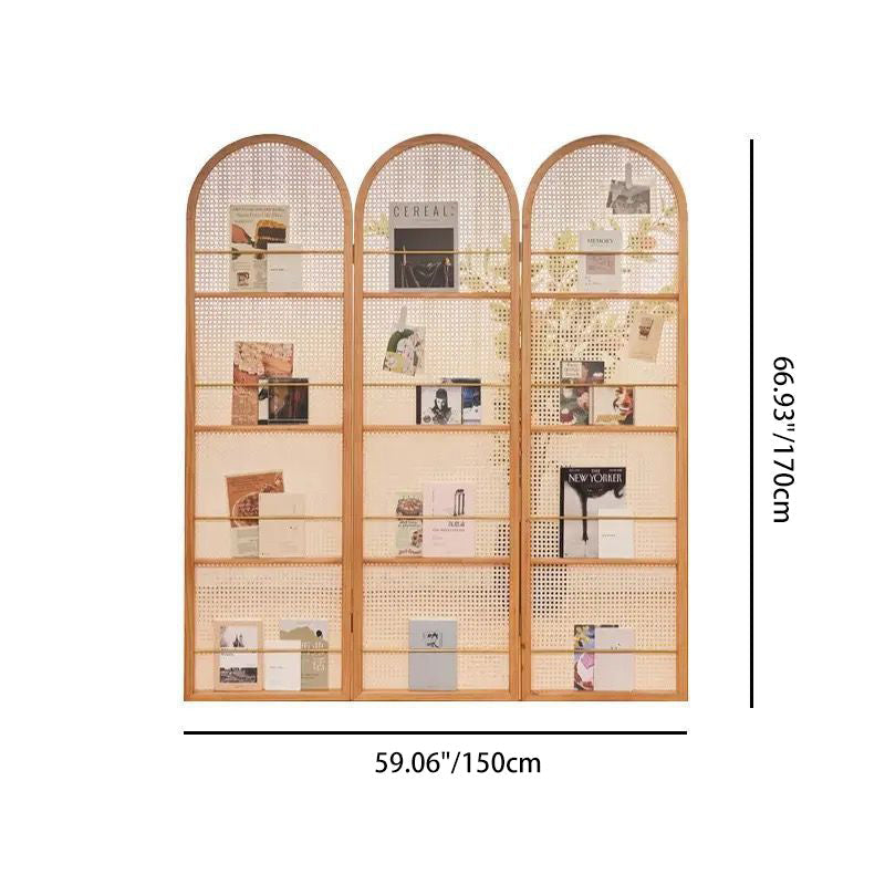 Contemporary Retro Rattan Corner Shelf Unit in Ash Wood Finish – Movable, Foldable 2/3/4-Panel Room Divider with Storage Shelves for Living Room