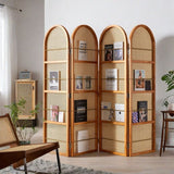 Contemporary Retro Rattan Corner Shelf Unit in Ash Wood Finish – Movable, Foldable 2/3/4-Panel Room Divider with Storage Shelves for Living Room