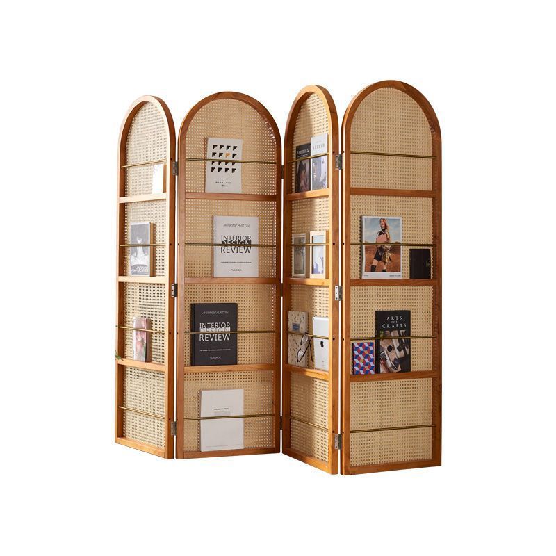 Contemporary Retro Rattan Corner Shelf Unit in Ash Wood Finish – Movable, Foldable 2/3/4-Panel Room Divider with Storage Shelves for Living Room