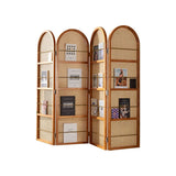 Contemporary Retro Rattan Corner Shelf Unit in Ash Wood Finish – Movable, Foldable 2/3/4-Panel Room Divider with Storage Shelves for Living Room