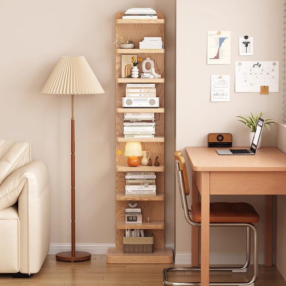 Traditional Japanese Rubberwood Corner Bookshelves — 5- or 9-Tier Standing Shelves for Study