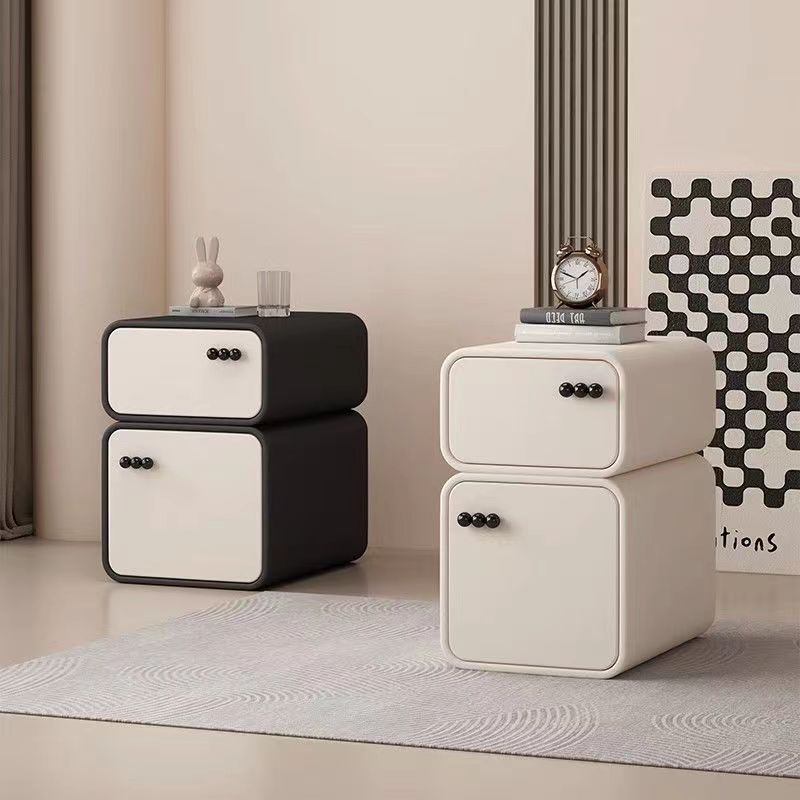 Cream-Colored Contemporary Scandinavian Nightstand with 2 Drawers – Rectangular Wood Panel Bedroom Furniture