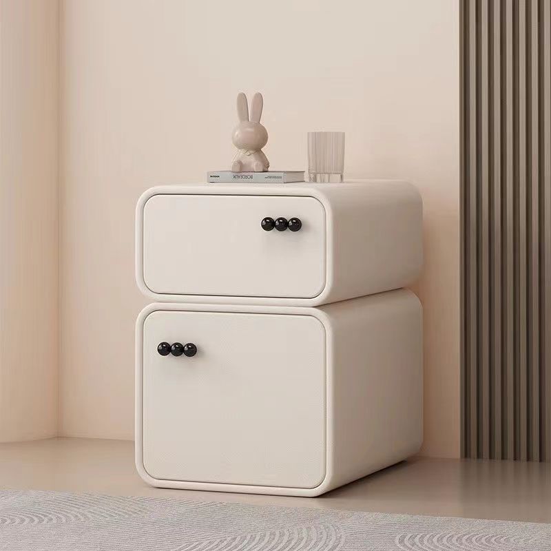 Cream-Colored Contemporary Scandinavian Nightstand with 2 Drawers – Rectangular Wood Panel Bedroom Furniture