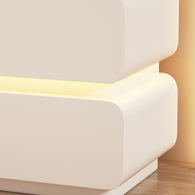 Cream Contemporary Scandinavian Nightstand with Sensor Light, Square Wood, Microfiber-Leather Finish, 2 Drawers for Bedroom