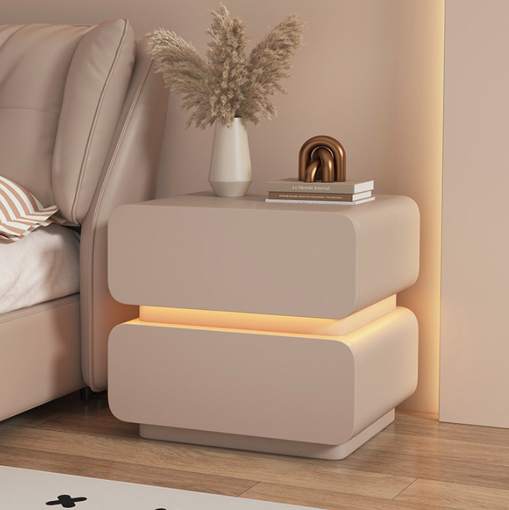 Cream Contemporary Scandinavian Nightstand with Sensor Light, Square Wood, Microfiber-Leather Finish, 2 Drawers for Bedroom