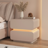 Cream Contemporary Scandinavian Nightstand with Sensor Light, Square Wood, Microfiber-Leather Finish, 2 Drawers for Bedroom