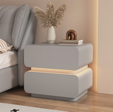 Cream Contemporary Scandinavian Nightstand with Sensor Light, Square Wood, Microfiber-Leather Finish, 2 Drawers for Bedroom